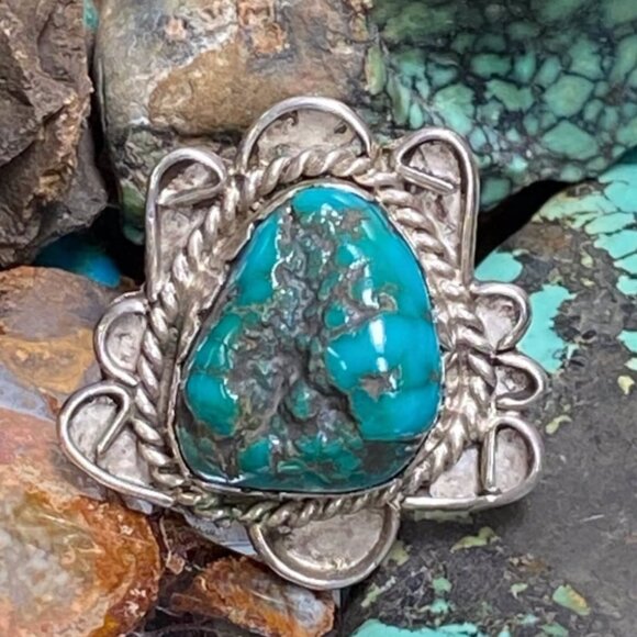 Vintage 1970s Nugget Turquoise Ring Sterling Silver Size 5.5 - Picture 1 of 5